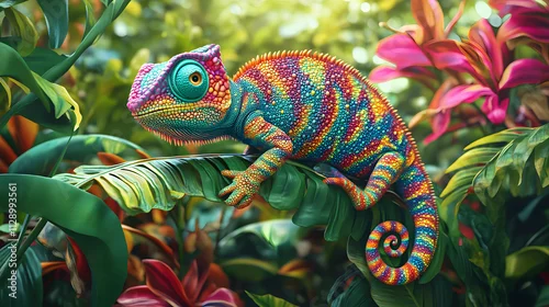 Fototapeta A colorful 3D cartoon chameleon blending into a tropical rainforest background.