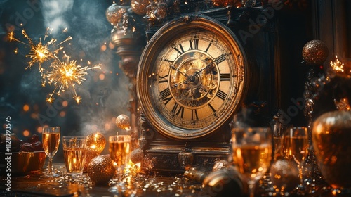 A clock striking twelve, surrounded by fireworks, champagne glasses, and party decorations