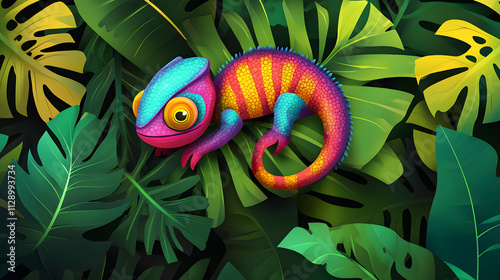 A colorful cartoon chameleon blending into a leafy jungle background.