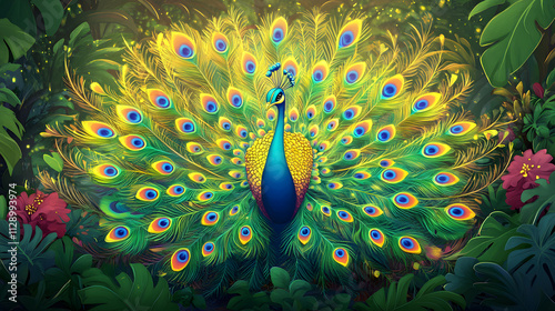 A colorful cartoon peacock spreading its vibrant feathers in a tropical garden.