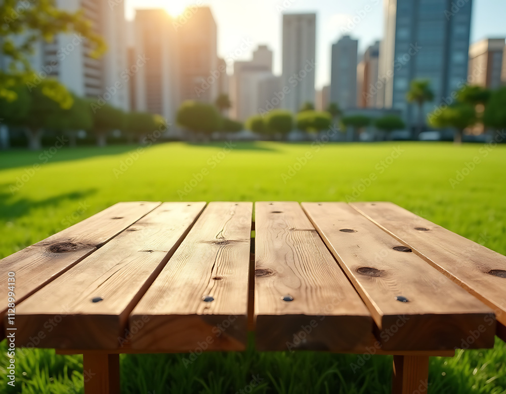 Wooden table top with real nature texture blends seamlessly into a lush green lawn and cityscape surroundings outdoors._00001_ Wooden table top with real nature texture blends seamlessly into a lush green lawn and cityscape surroundings outdoors._00001_