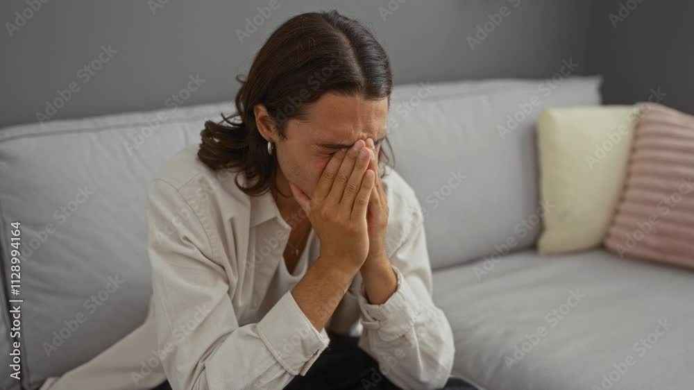 Young man with long hair feeling worried sitting in a living room on a couch indoors Young man with long hair feeling worried sitting in a living room on a couch indoors