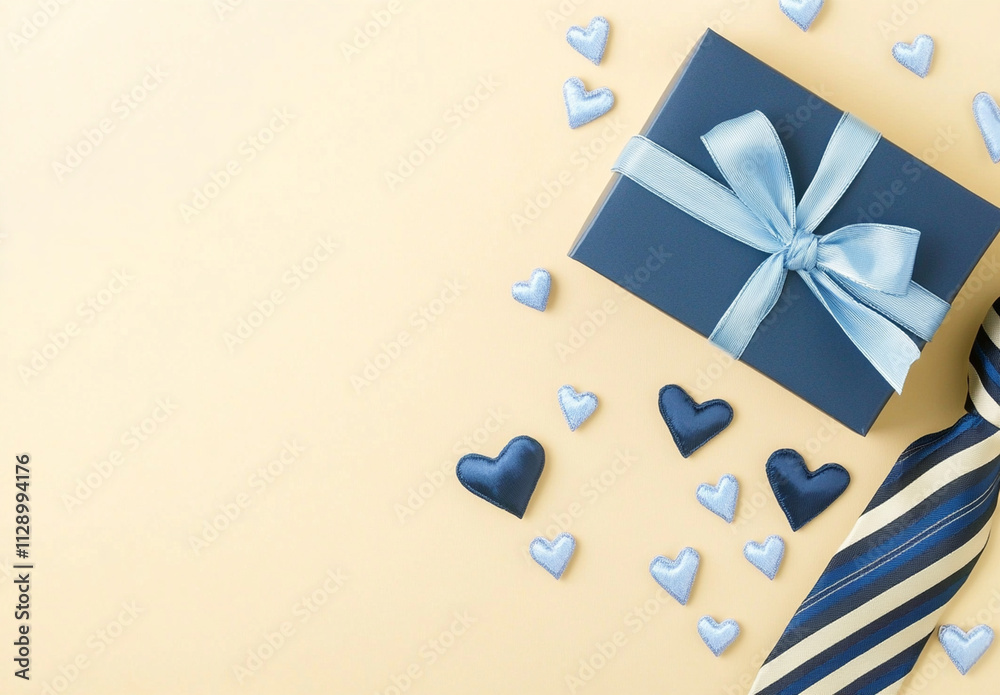Fototapeta premium blue gift box with ribbon, surrounded by heart shaped decorations and striped tie, creates festive atmosphere perfect for celebrations