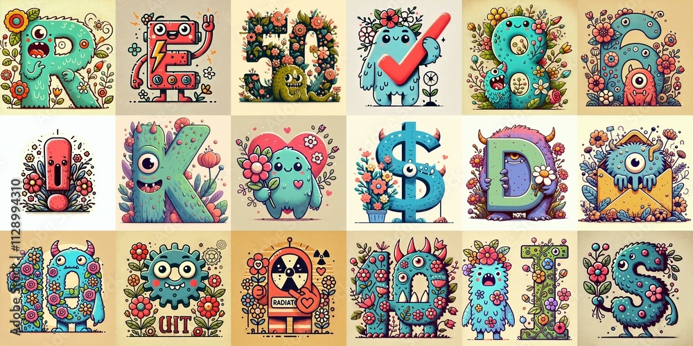 Fototapeta premium Cartoon Flowers Monster Lettering Typeface. AI generated illustration