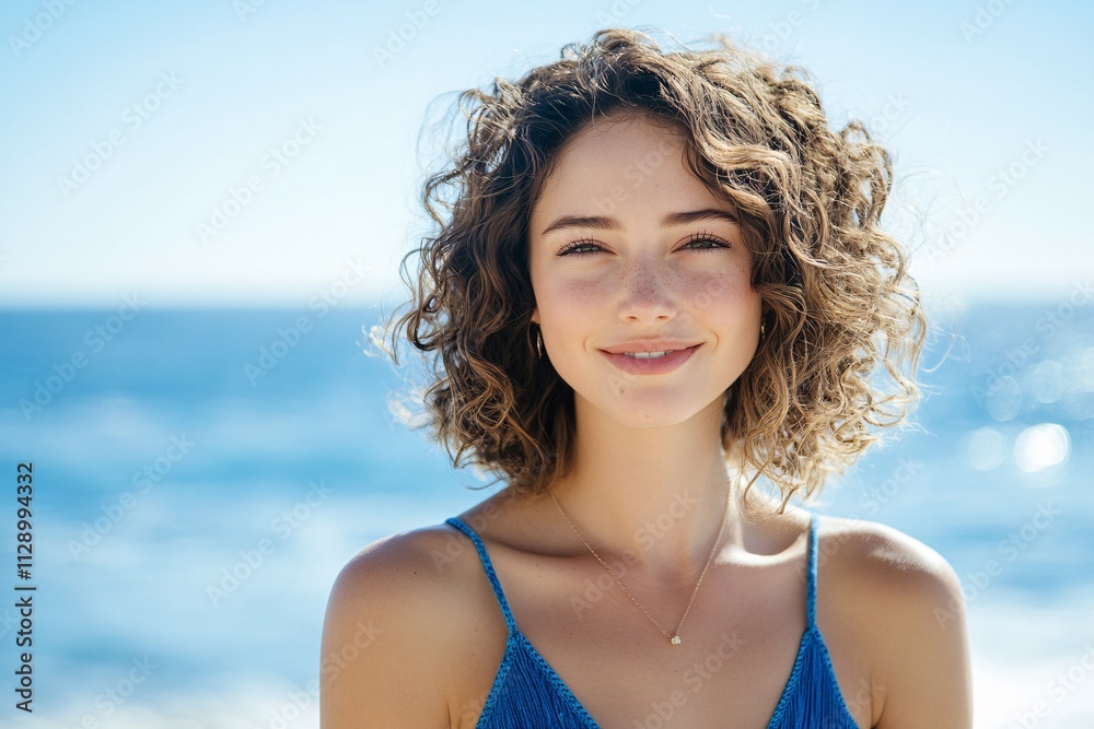 A young confident woman with curly hair, wearing a blue dress, standing near the Santa Monica beach, bright midday light, cinematic, relaxed and smiling, medium close-up view 2 A young confident woman with curly hair, wearing a blue dress, standing near the Santa Monica beach, bright midday light, cinematic, relaxed and smiling, medium close-up view 2