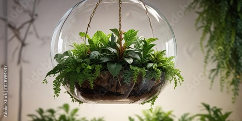 Greenery and foliage on a hanging terrarium or planter, green background, nature, indoor