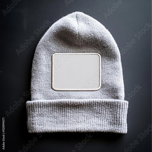 Heather gray beanie hat mockup with a blank patch for logo or text, displayed on a smooth black surface photo