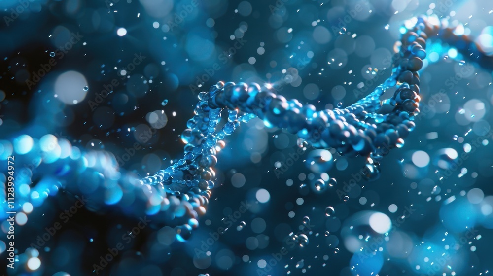 Elegant spiral of rainbow DNA double helix with light bokeh and bubbles, creating a serene blue scene