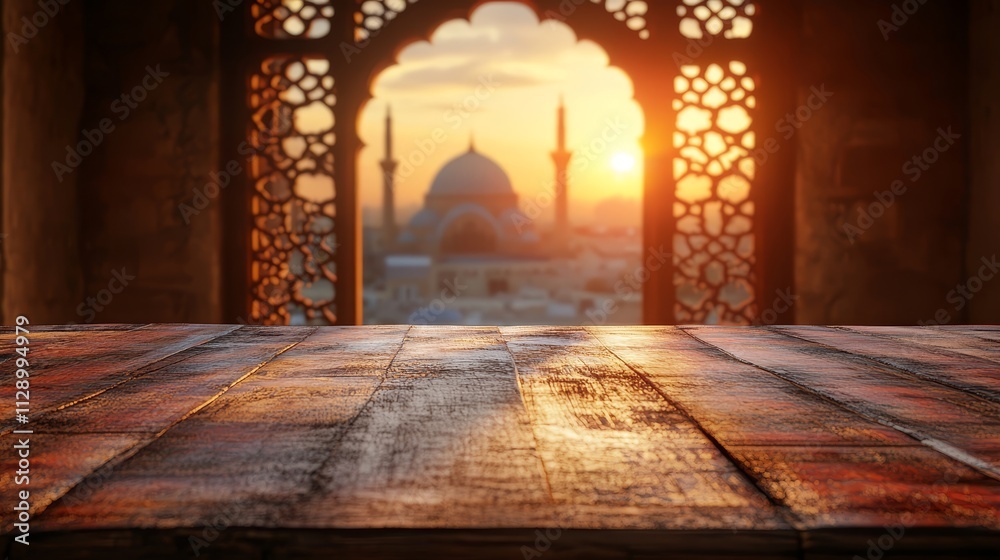 Wooden table with sunset view of mosque through ornate arch. Wooden table with sunset view of mosque through ornate arch.