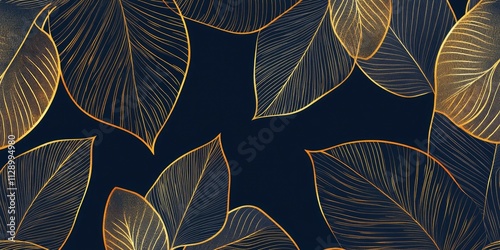 Art deco pattern with lines on a navy blue background, featuring golden line art of leaves.