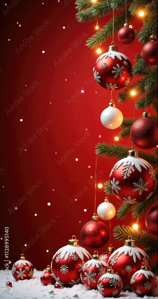 Festive red christmas ornaments on snowy tree with sparkling lights Festive red christmas ornaments on snowy tree with sparkling lights