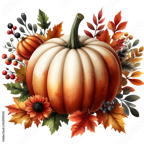 Watercolor autumn pumpkin clip art with fall floral leaves white background photo