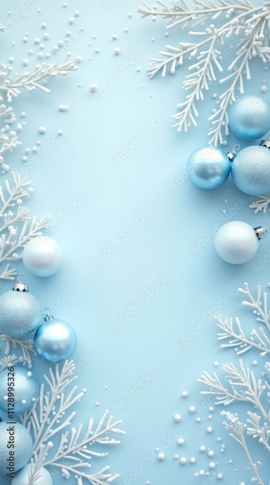 Elegant winter background with blue and white christmas ornaments and snowy branches Elegant winter background with blue and white christmas ornaments and snowy branches