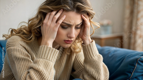 Worried young woman holding her head, stress and anxiety at home