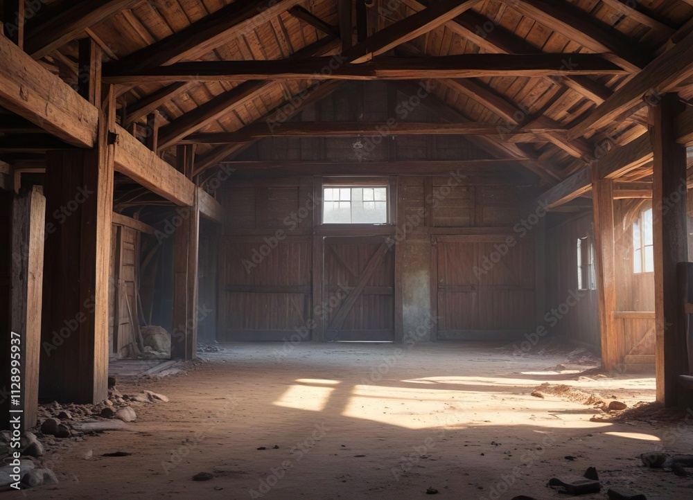 Abandoned horse stable with exposed beams and dust, dusty, hollow, ruin Abandoned horse stable with exposed beams and dust, dusty, hollow, ruin