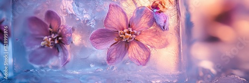 Close-up of frozen flowers inside an ice block, with pink and purple hues, macro photography.