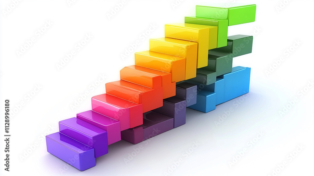 A 3D graph displays continuous improvement in business performance. A 3D graph displays continuous improvement in business performance.