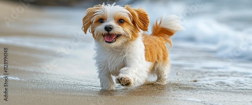 Happy Little Dog Running on the Beach photo