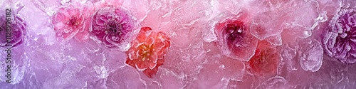 Close-up of frozen flowers inside an ice block, with pink and purple hues, macro photography.