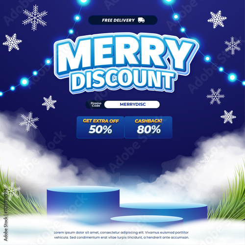 Merry Shopping day Sale discount deals Editable text with soft dark blue gradient 3d podium showcase cloudy sweet winter decorative  banner