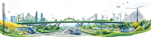 An artistic depiction of sustainable infrastructure, including green bridges, renewable energy sources, and smart transportation. Vector art, 4k resolution, white background photo