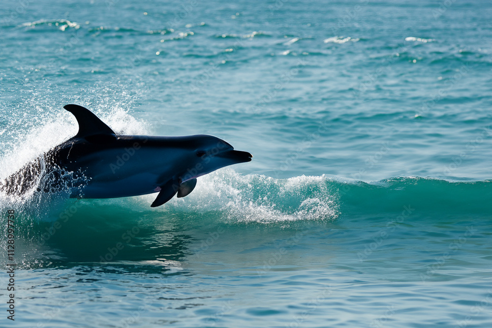 Fototapeta premium A dolphin jumping out of the water. Dolphins fish in the sea waves. Dolphin jumping on a foam in the waves. Dolphins jump in the waves lifestyle and fish.