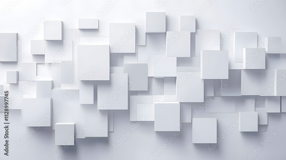 White background with cubes of different sizes and shapes arranged in an abstract pattern, creating a modern minimalist design for various applications White background with cubes of different sizes and shapes arranged in an abstract pattern, creating a modern minimalist design for various applications