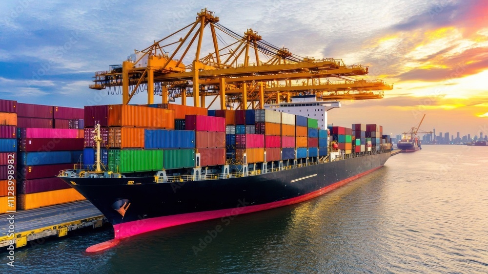 Naklejka premium A vibrant cargo ship loaded with colorful containers docked at a port during sunset, showcasing maritime industry and trade activity.
