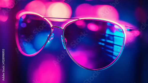 
Title:
Vaporwave Sunglasses in Pink and Blue Neon Glow with Soft Bokeh Effect and Dark Background