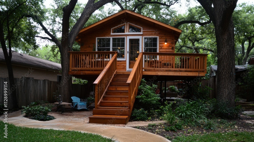 This treehouse, featuring a wooden structure and spacious deck, is nestled among tall trees in a peaceful backyard. It offers a perfect retreat for relaxation and enjoying nature This treehouse, featuring a wooden structure and spacious deck, is nestled among tall trees in a peaceful backyard. It offers a perfect retreat for relaxation and enjoying nature