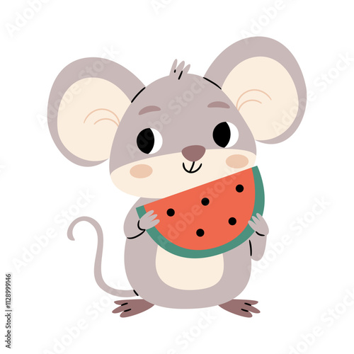 A cute mouse is holding a piece of watermelon. Summer freshness.Cute illustration for fashion print, greeting cards, nursery bedroom decoration.