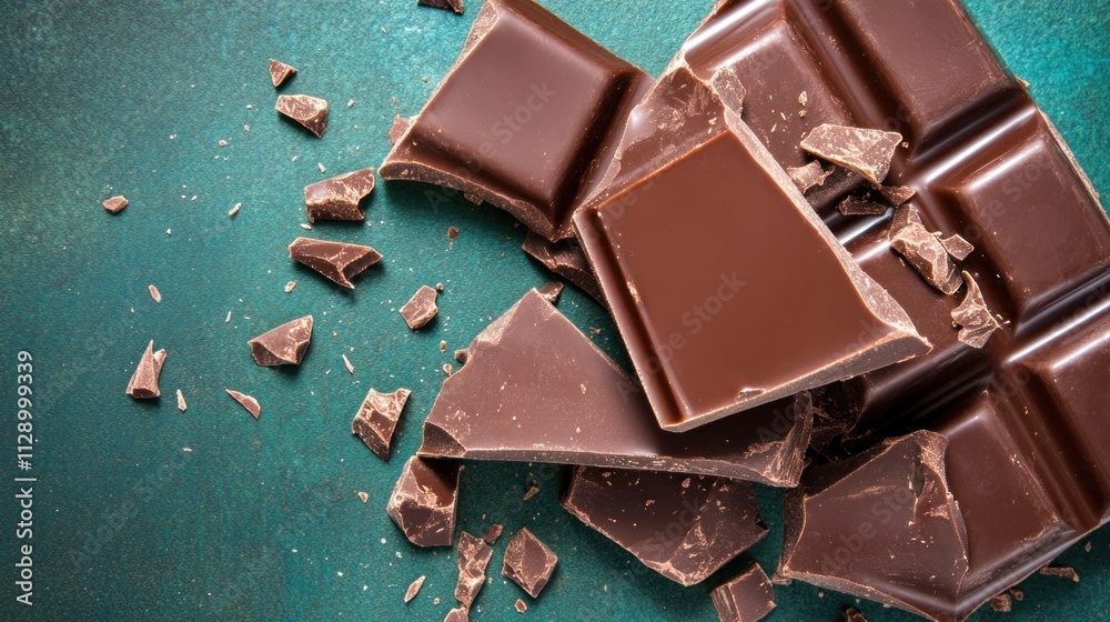 Rich dark chocolate pieces are scattered across a textured green surface, showcasing their smooth surfaces and broken edges, inviting a close look at their deliciousness and quality Rich dark chocolate pieces are scattered across a textured green surface, showcasing their smooth surfaces and broken edges, inviting a close look at their deliciousness and quality