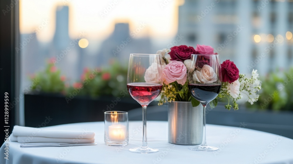 A romantic dining setup featuring two glasses of wine beside a beautiful floral arrangement, with a candle on a table, set against a city skyline at sunset. A romantic dining setup featuring two glasses of wine beside a beautiful floral arrangement, with a candle on a table, set against a city skyline at sunset.
