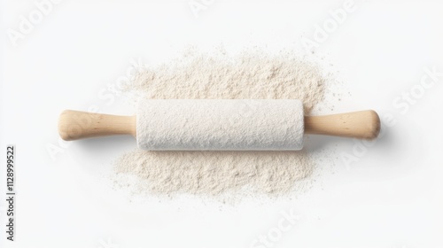 A wooden rolling pin rests on a bed of flour, symbolizing baking and cooking preparation.