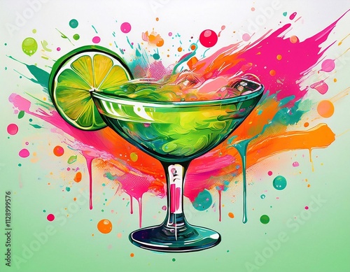 National Margarita Day, A vibrant, abstract painting of a margarita, with splashes of lime green, orange, and pink  photo