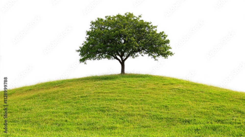 A solitary, leafy tree is positioned atop a vibrant green hill. The environment is calm and peaceful, showcasing a clear sky and plenty of grass, creating a tranquil atmosphere A solitary, leafy tree is positioned atop a vibrant green hill. The environment is calm and peaceful, showcasing a clear sky and plenty of grass, creating a tranquil atmosphere