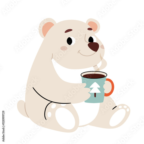 White polar bear holding a cup of coffee tea or cocoa.cChristmas greeting card, invitation card, postcard, poster or banner.