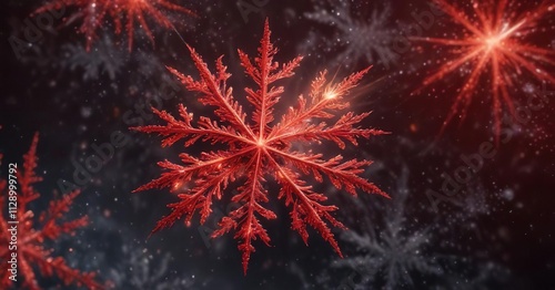 Red glittery snowflakes swirling around a central point, hypnotic rhythm, red wave