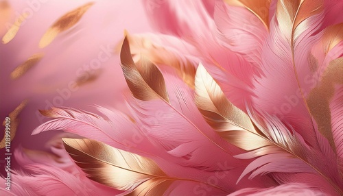 a close up of a pink background with lots of pink and gold feathers in the foreground and a blurry background of pink feathers in the foreground