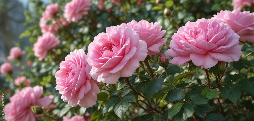 Pink double flowers and green buds of rose bush in full bloom , nature photography , pink double blooms Pink double flowers and green buds of rose bush in full bloom , nature photography , pink double blooms
