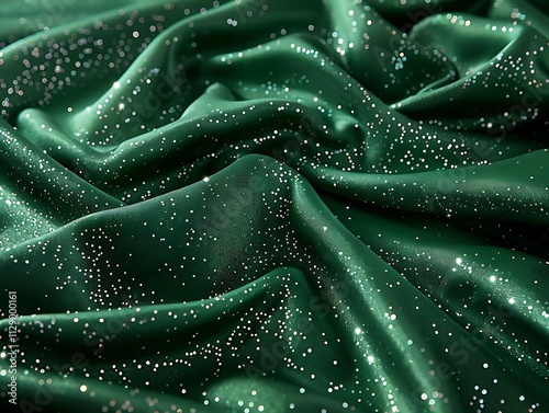 Close-up of dark green glittering fabric with soft folds and shimmering texture.