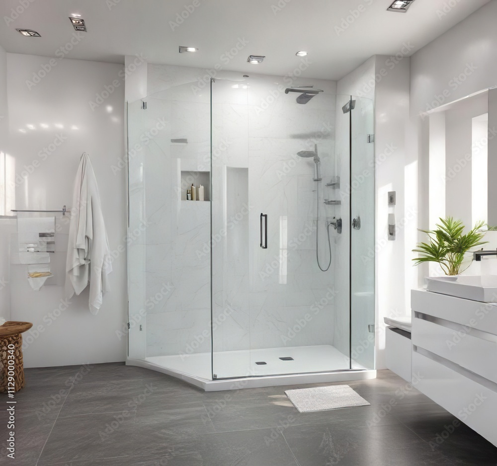 Modern white bathroom with large shower stall and walk-in glass door , bathroom, shower