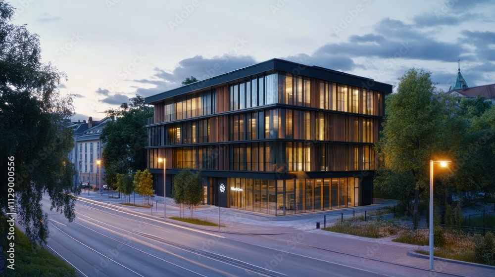 Modern office building at dusk, showcasing sleek design and illuminated windows. Modern office building at dusk, showcasing sleek design and illuminated windows.