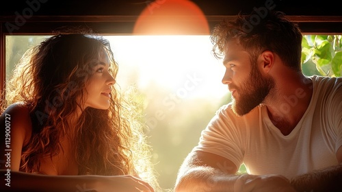 couple gazes lovingly at each other, illuminated by warm sunlight pouring through a window, creating a romantic and serene atmosphere during the golden hour