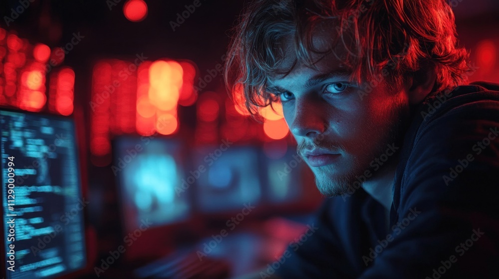 young man focuses intently on coding at his workstation, surrounded by multiple glowing computer screens. ambient light creates a dynamic atmosphere in the dark space of the room young man focuses intently on coding at his workstation, surrounded by multiple glowing computer screens. ambient light creates a dynamic atmosphere in the dark space of the room