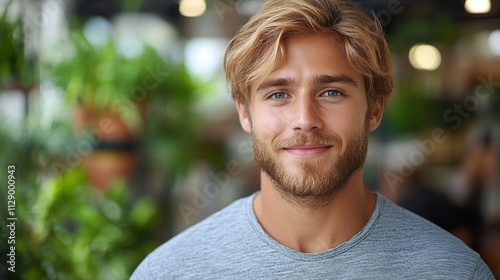 Young man with blonde hair and blue eyes smiles warmly while standing in a vibrant cafe filled with plants and natural light during the day photo