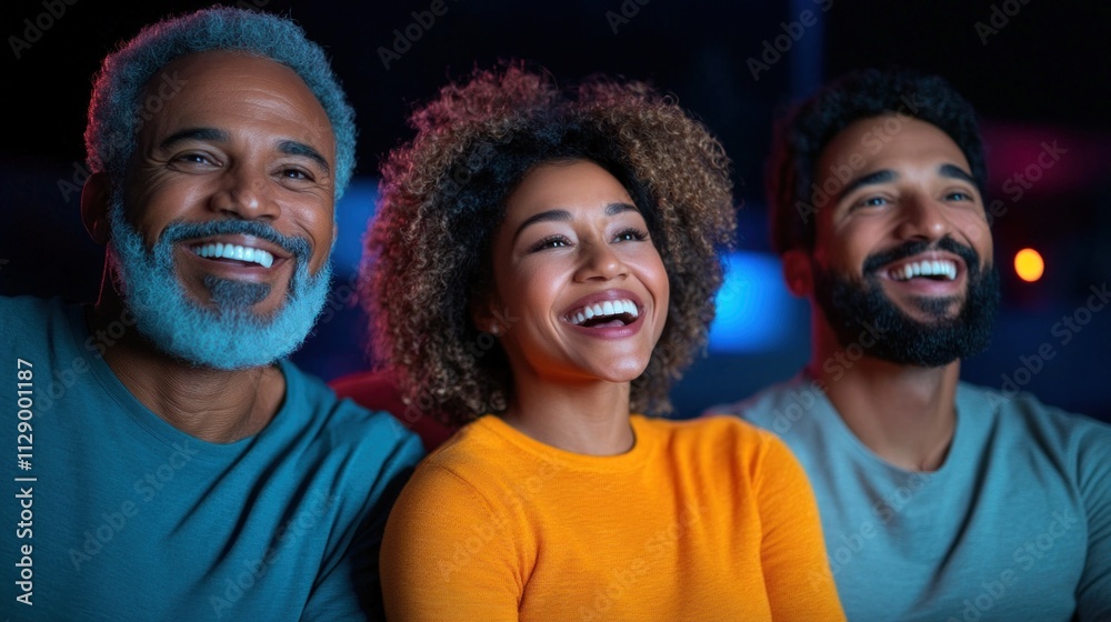 A group of three friends sits together, smiling and laughing while watching a movie at home. The cozy atmosphere highlights their enjoyment and connection in the evening A group of three friends sits together, smiling and laughing while watching a movie at home. The cozy atmosphere highlights their enjoyment and connection in the evening