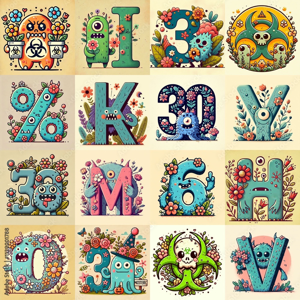 Obraz premium Cartoon Flowers Monster Lettering Typeface. AI generated illustration