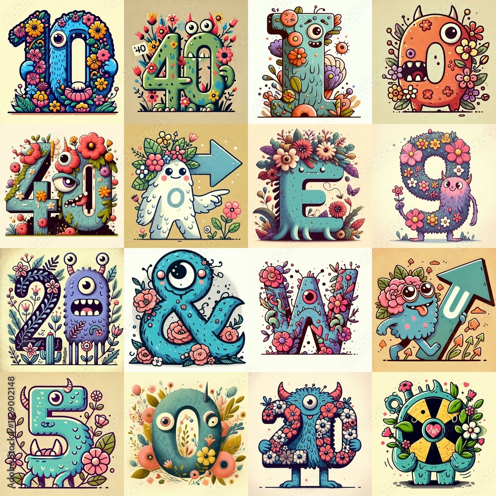 Obraz premium Cartoon Flowers Monster Lettering Typeface. AI generated illustration