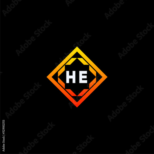 HE initials dynamic geometric logo design features a bold lettering sign in an orange and black color scheme, displayed against a dark background